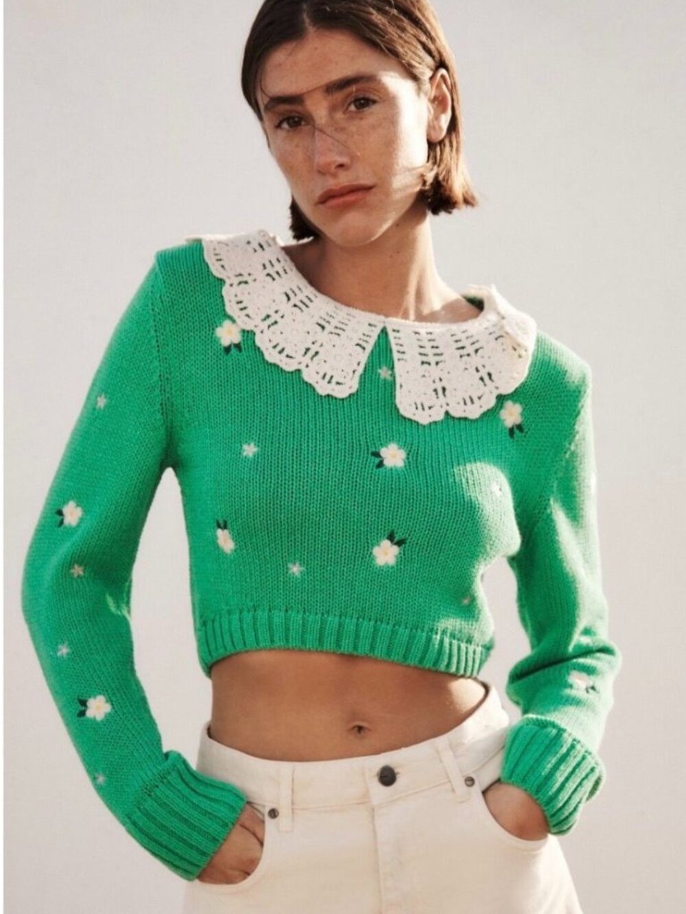 Zara Green Floral Embroidered Peter Pan Collar Cropped Sweater Size S
